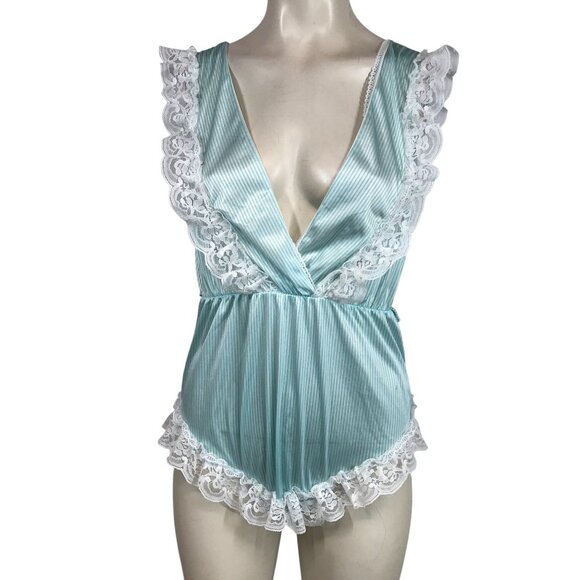 VTG CALIFORNIA DREAM- WOMEN'S MEDIUM -  BLUE RUFFLE TEDDY ROMPER LINGERIE - Picture 1 of 8